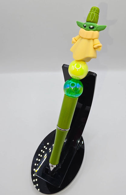 The Child Beaded Ballpoint Pen w/ Black Ink - Star Wars Grogu Baby Yoda Inspired Gift Idea - Silicone & Acrylic Beads and Plastic Pen