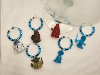 6 Pc Set Star Wars Figures Wine Charms - Darth Vader Princess Leia Luke Skywalker Chewbacca R2-D2 Yoda - Star Wars Pods - Drink Markers