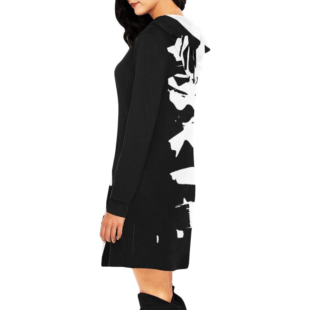 Tall Dark & Stormy Allover Print Women's Pullover Hoodie Dress- Star Wars Inspired Hooded Sweatshirt - Stormtrooper - 501st - Black White