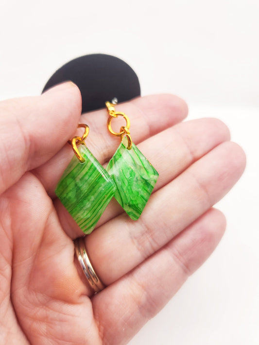 Handmade Small Striped Green, White & Gold Translucent Polymer Clay Diamond Earrings w/ Gold Colored Hooks - Dangly Drop Earrings Ear Wire