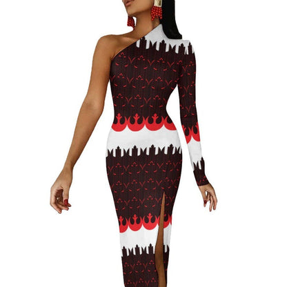 Rebel Starbirds Print One-Shoulder Slit Maxi Dress - Star Wars Rebellion Inspired Fashion - Clubwear - Sexy - Bodycon - Geek Style Evening Dress