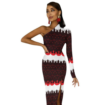 Rebel Starbirds Print One-Shoulder Slit Maxi Dress - Star Wars Rebellion Inspired Fashion - Clubwear - Sexy - Bodycon - Geek Style Evening Dress